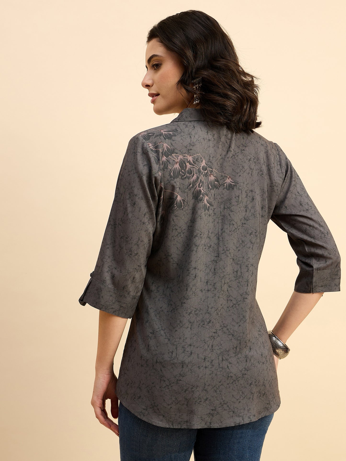 ST 1509 Floral Whisper Printed Modal Shirt  Steel Grey Glow
