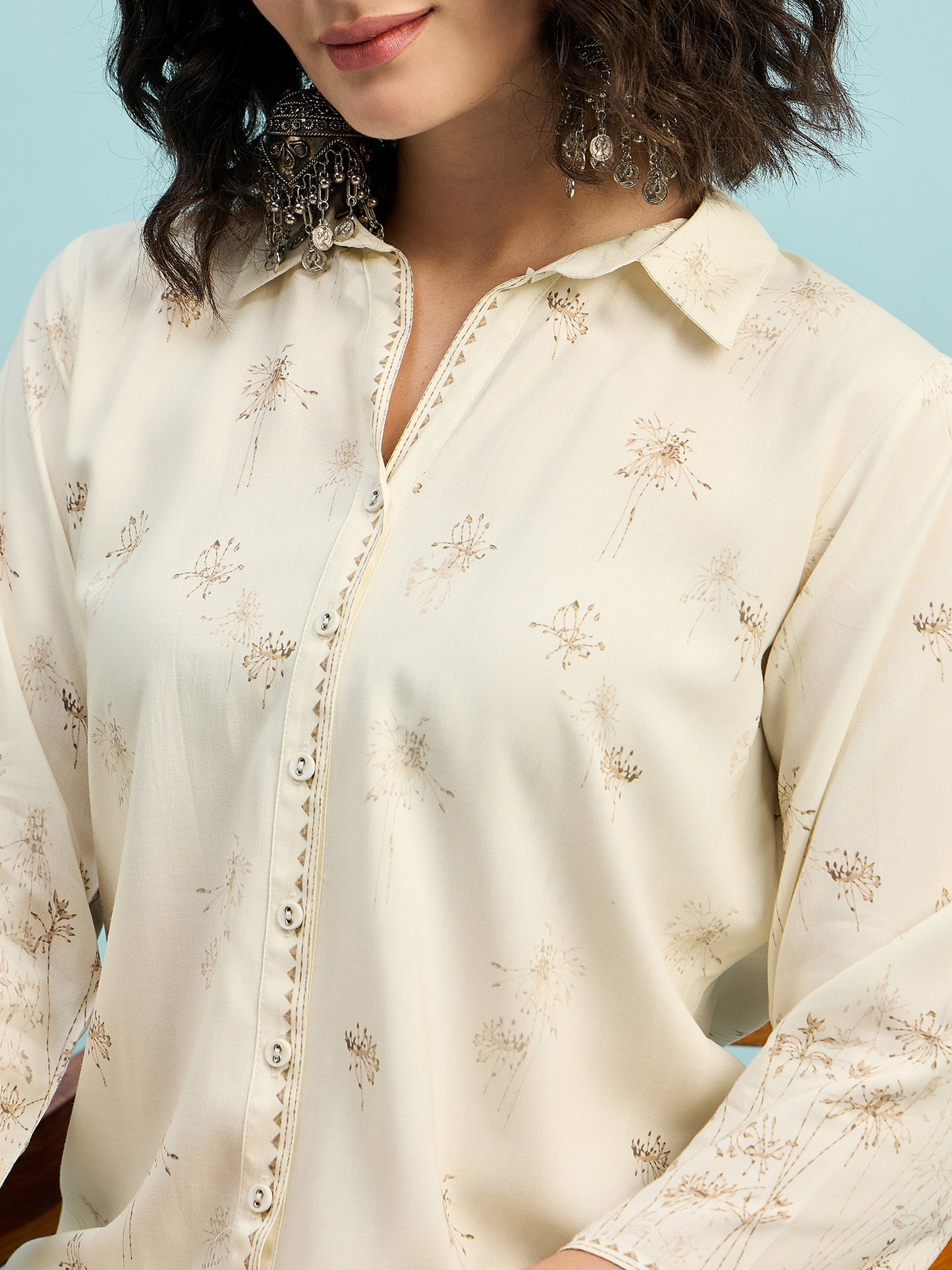 ST 1489 Botanical Breeze Printed Modal Shirt  Soft Ecru