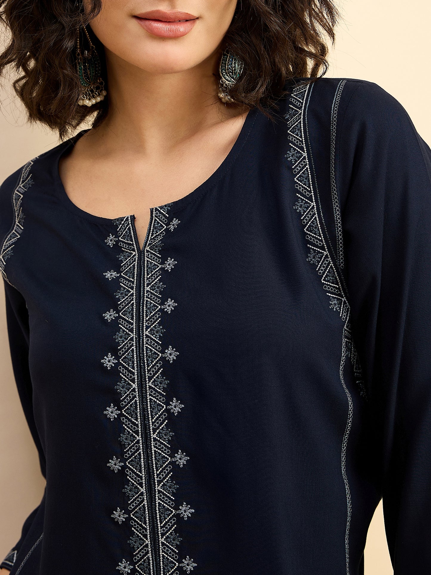 TP 1482 Geometric Thread Embroidered Modal Top  Midnight Navy