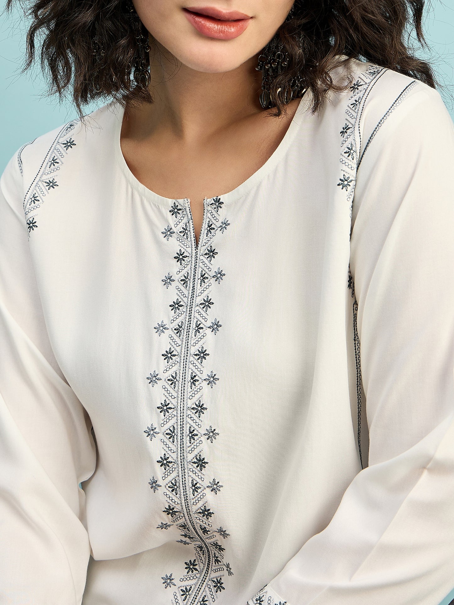 TP 1482 Geometric Thread Embroidered Modal Top  Pearl White