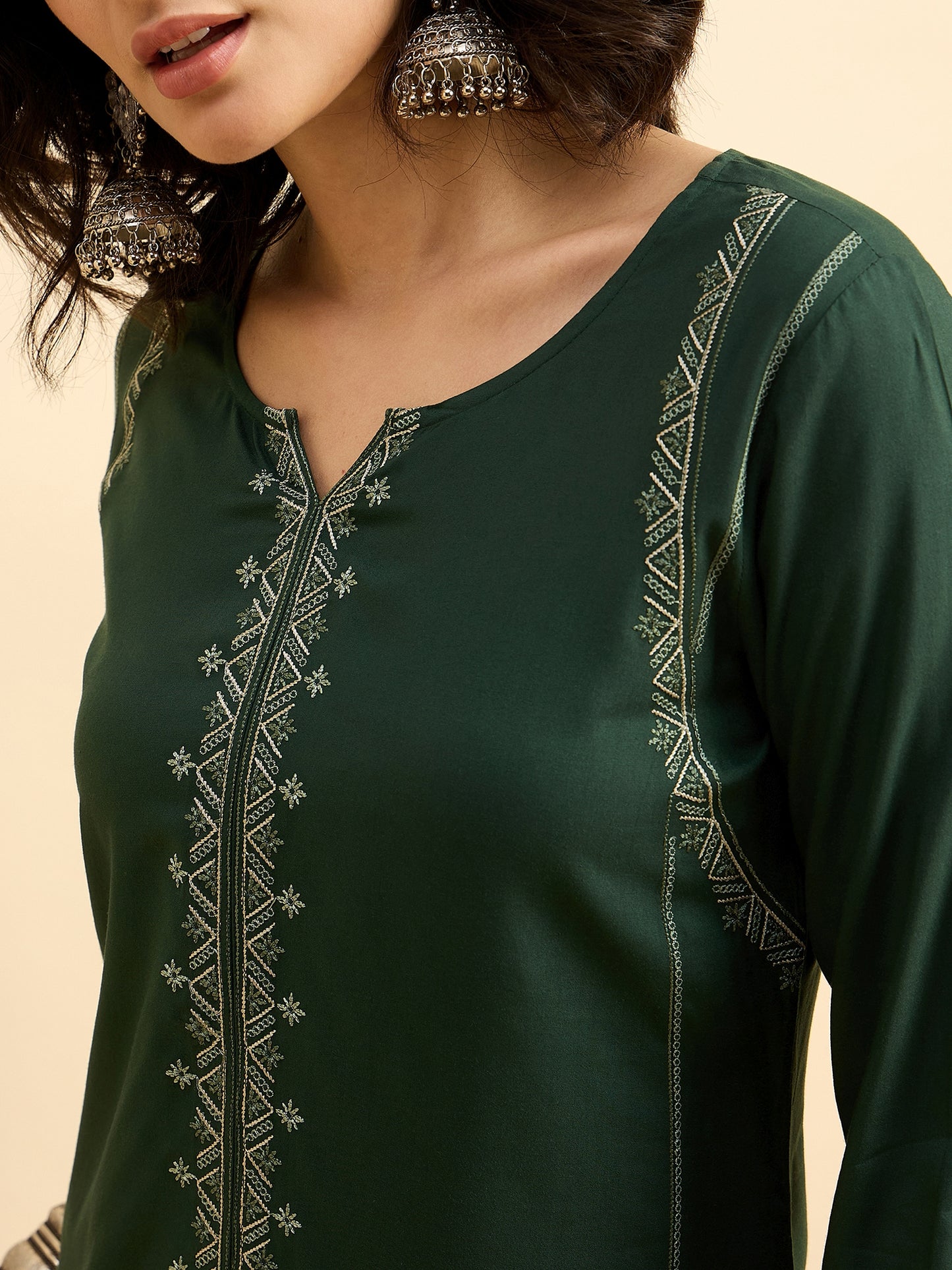 TP 1482 Geometric Thread Embroidered Modal Top  Meadow Green