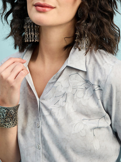 ST 1509 Floral Whisper Printed Modal Shirt  Cloud Grey