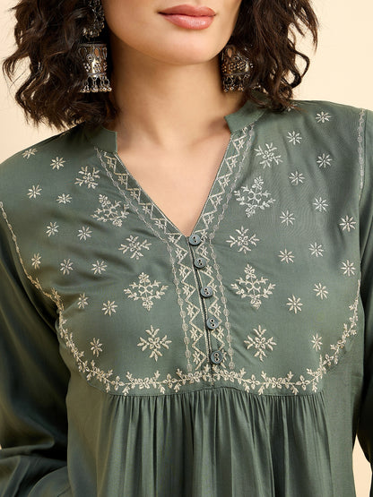 TP 1504 Floral Thread Embroidered Modal Top  Meadow Green