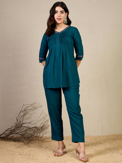 TC 1455 Pleated Floral Embroidered Modal Tunic Top  Deep Turquoise