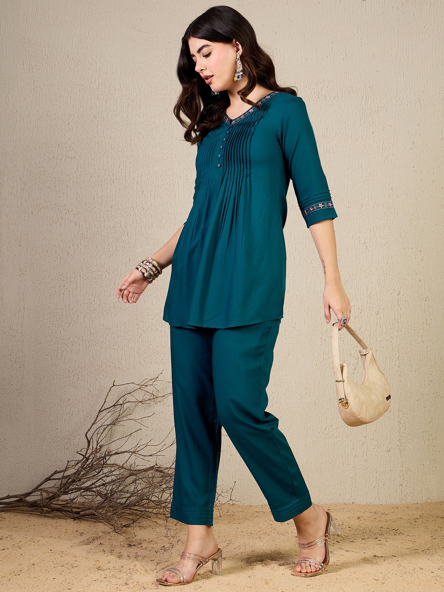 TC 1455 Pleated Floral Embroidered Modal Tunic Top  Deep Turquoise