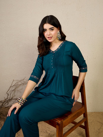 TC 1455 Pleated Floral Embroidered Modal Tunic Top  Deep Turquoise