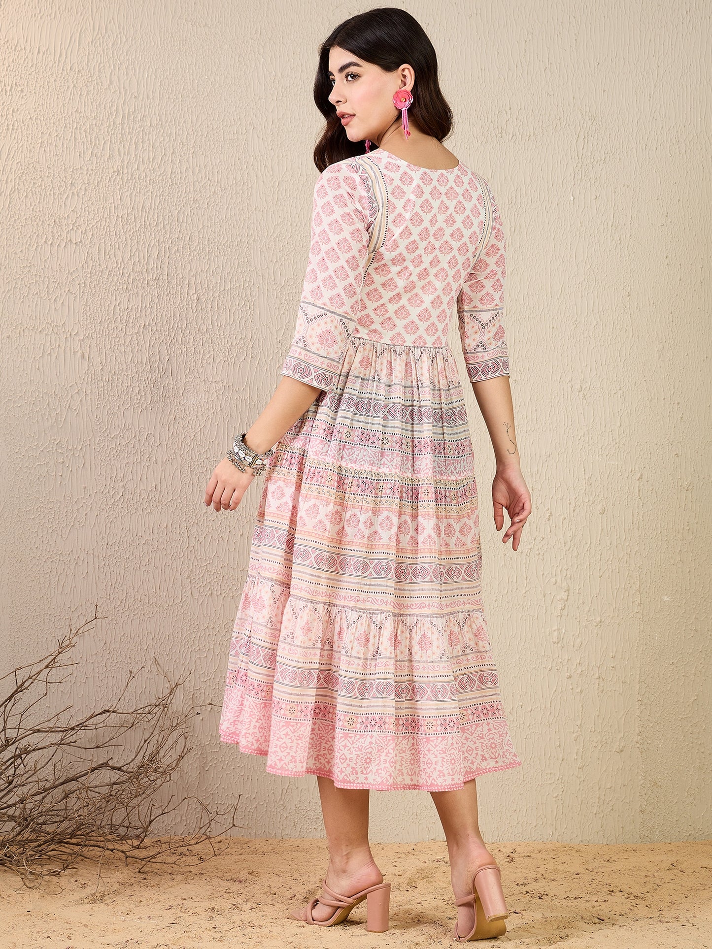 DS 1470 Pastel Printed Long Dress with Tassels Rose