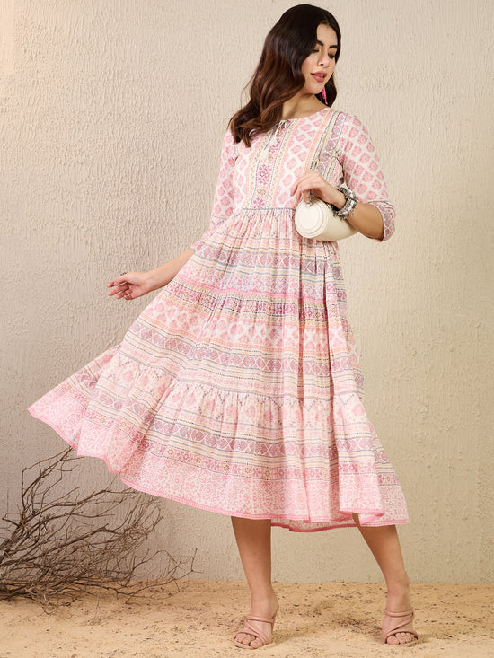 DS 1470 Pastel Printed Long Dress with Tassels Rose