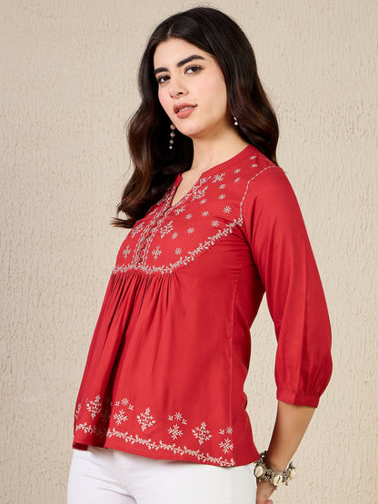 TP 1504 Floral Thread Embroidered Modal Top  Cherry Rose