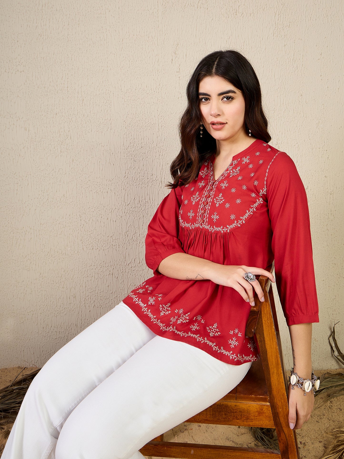 TP 1504 Floral Thread Embroidered Modal Top  Cherry Rose