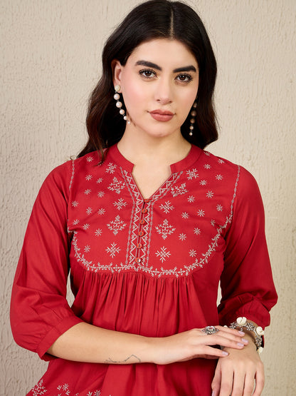 TP 1504 Floral Thread Embroidered Modal Top  Cherry Rose