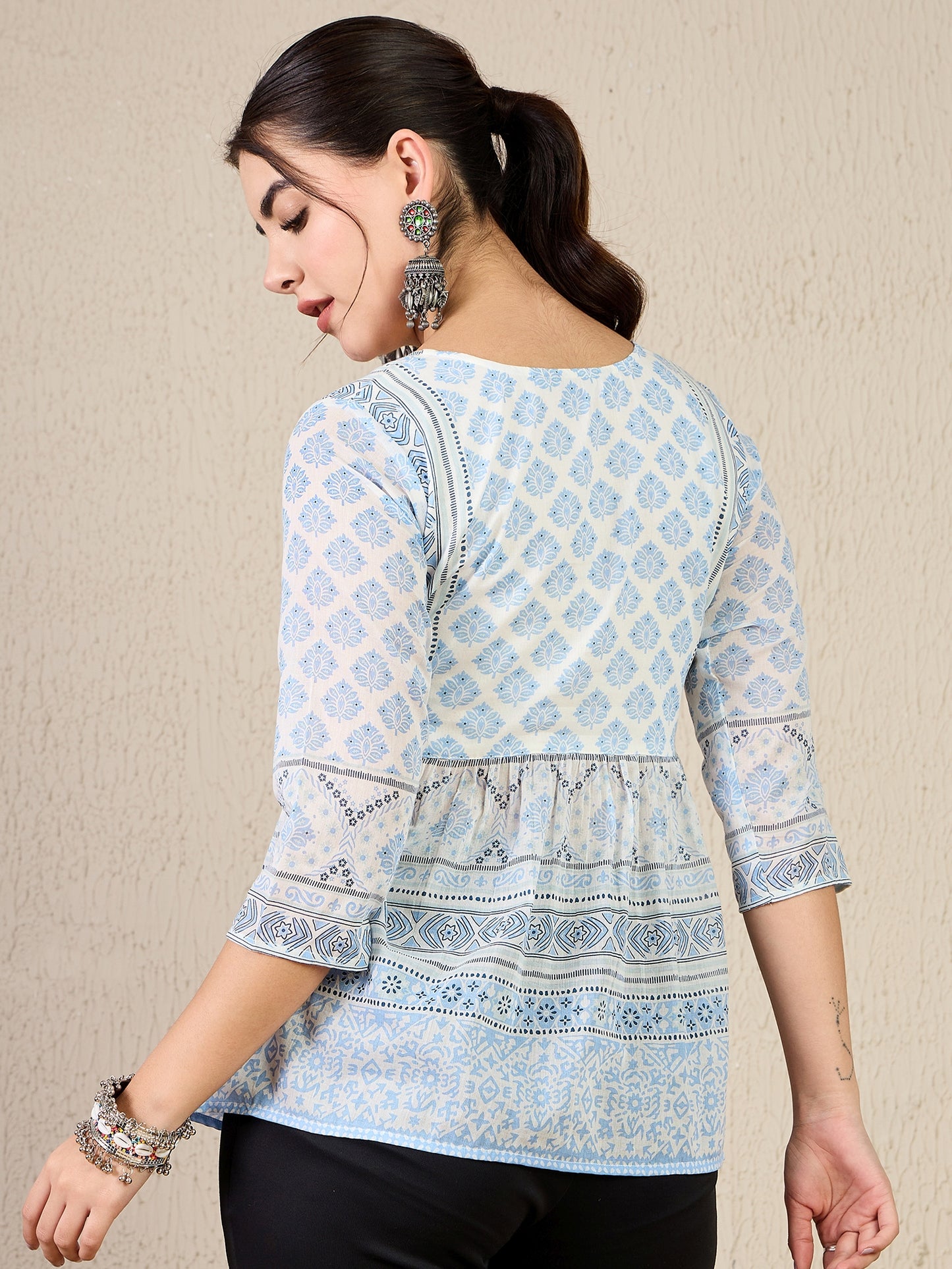 TP 1470 Block Print Inspired Cotton Top  Frosted Blue