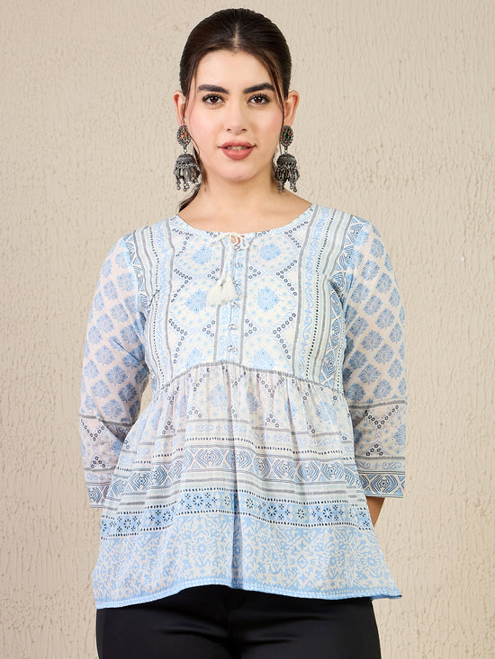 TP 1470 Block Print Inspired Cotton Top  Frosted Blue