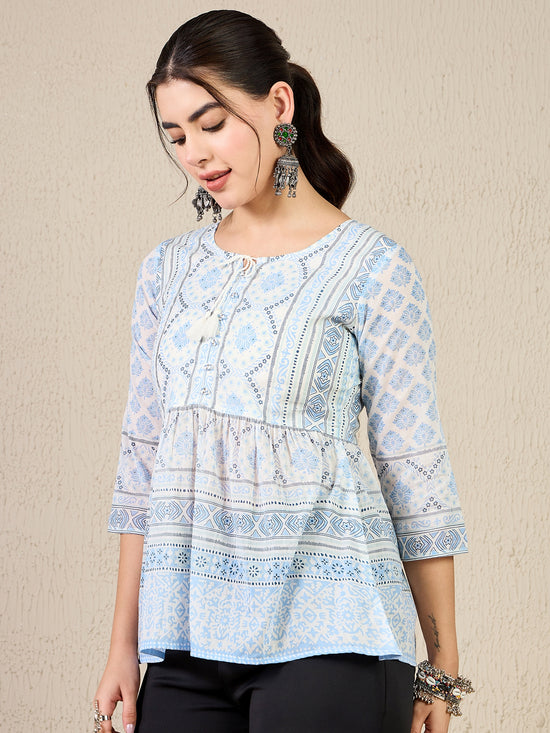 TP 1470 Block Print Inspired Cotton Top  Frosted Blue