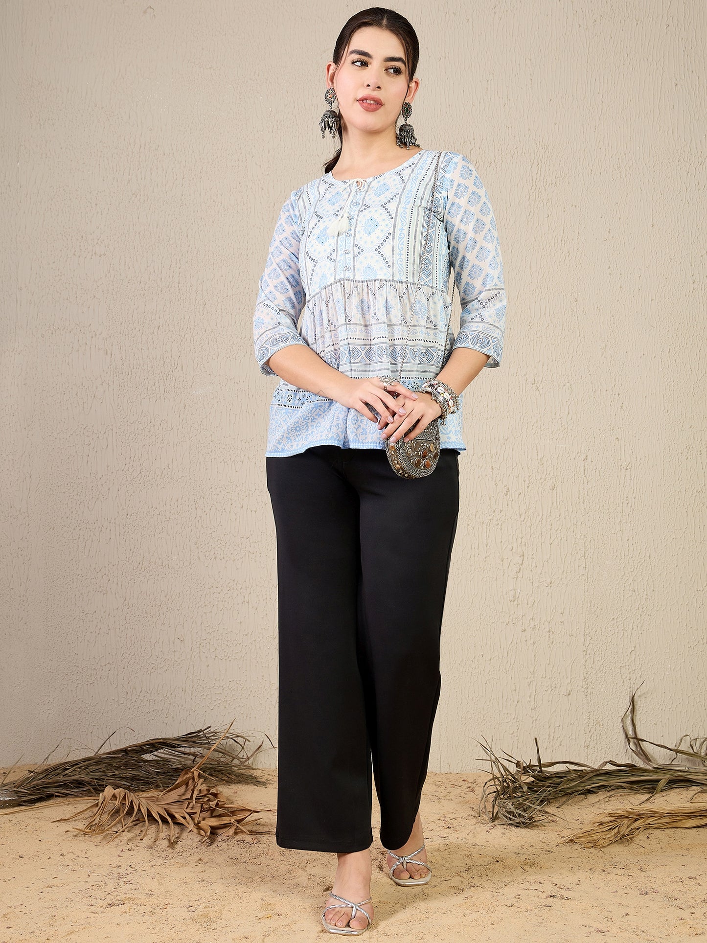 TP 1470 Block Print Inspired Cotton Top  Frosted Blue