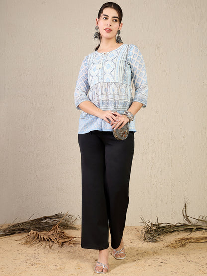 TP 1470 Block Print Inspired Cotton Top  Frosted Blue