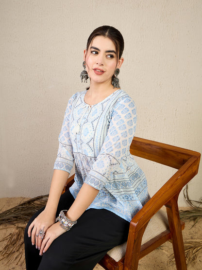 TP 1470 Block Print Inspired Cotton Top  Frosted Blue