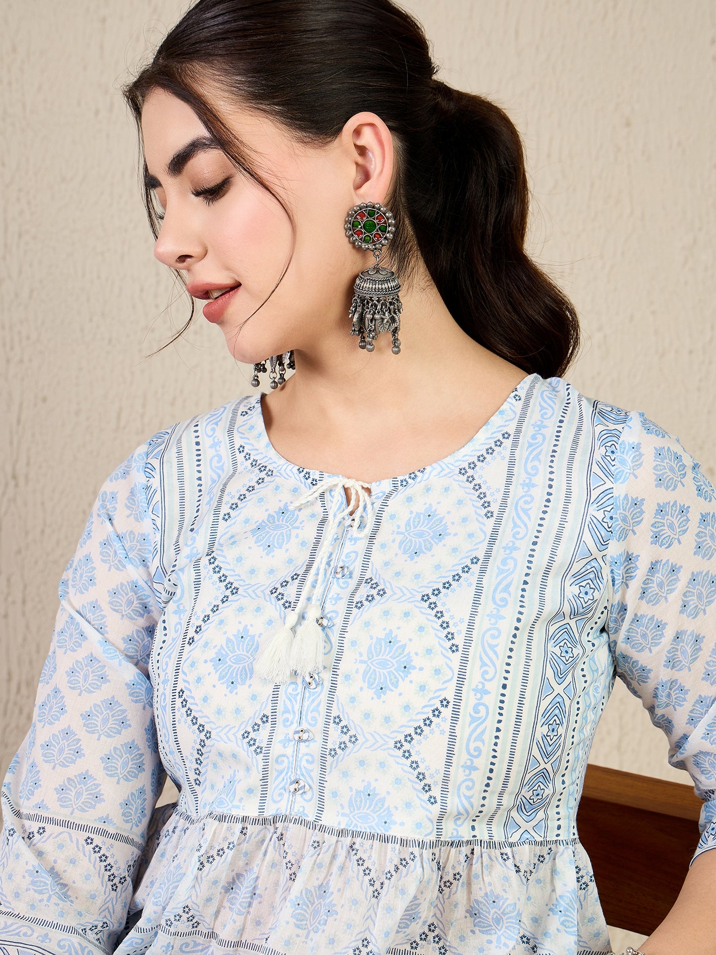 TP 1470 Block Print Inspired Cotton Top  Frosted Blue
