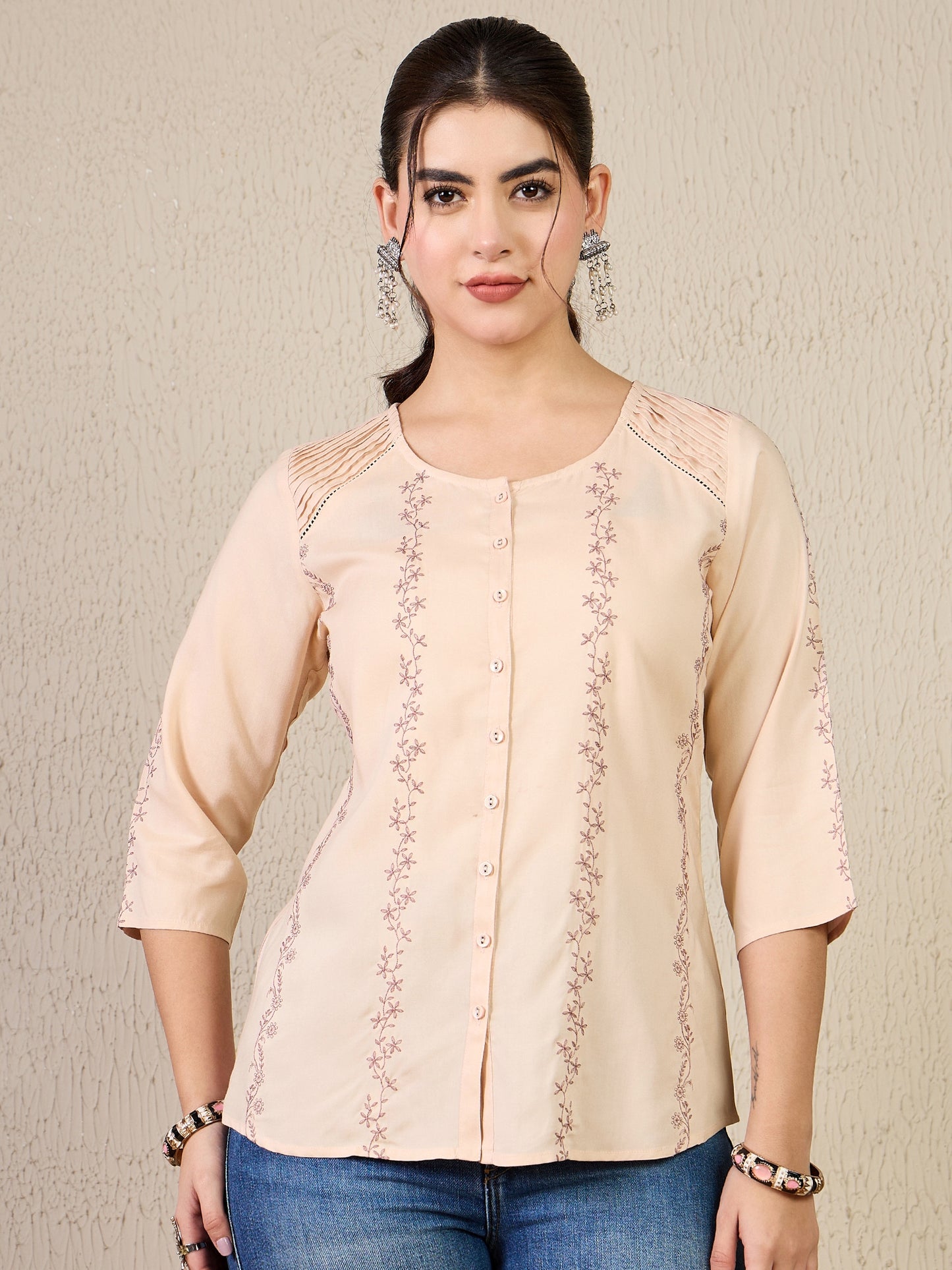 TP 1481 Vertical Thread Embroidered Modal Top  Mauve Mist