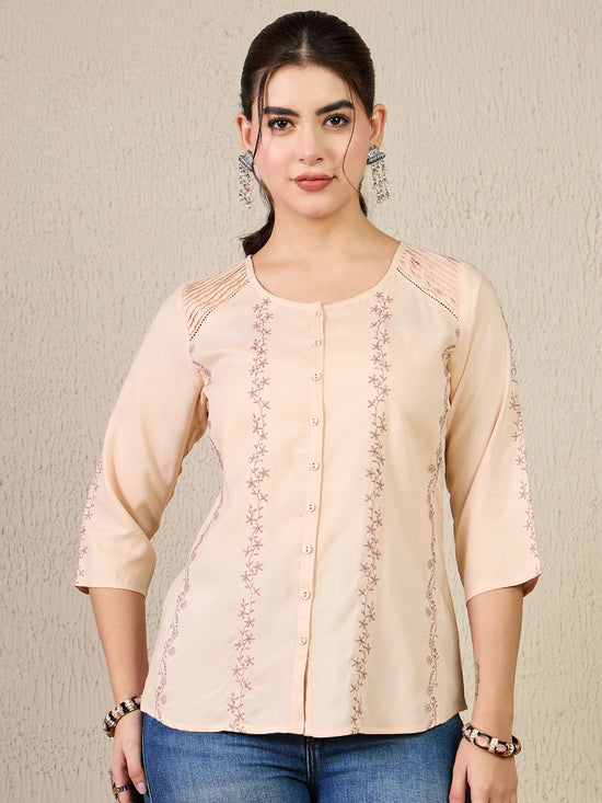 TP 1481 Vertical Thread Embroidered Modal Top  Mauve Mist