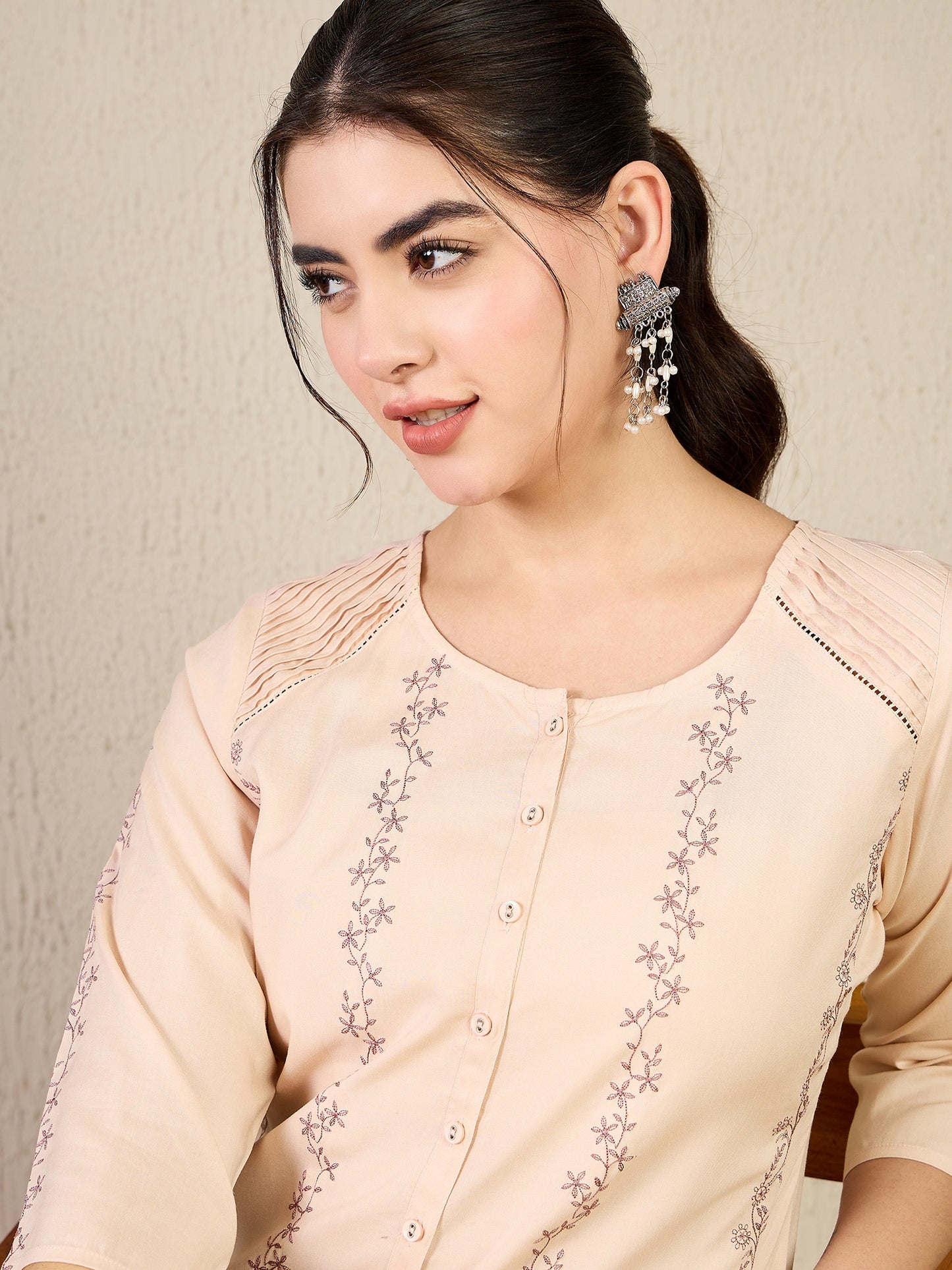 TP 1481 Vertical Thread Embroidered Modal Top  Mauve Mist