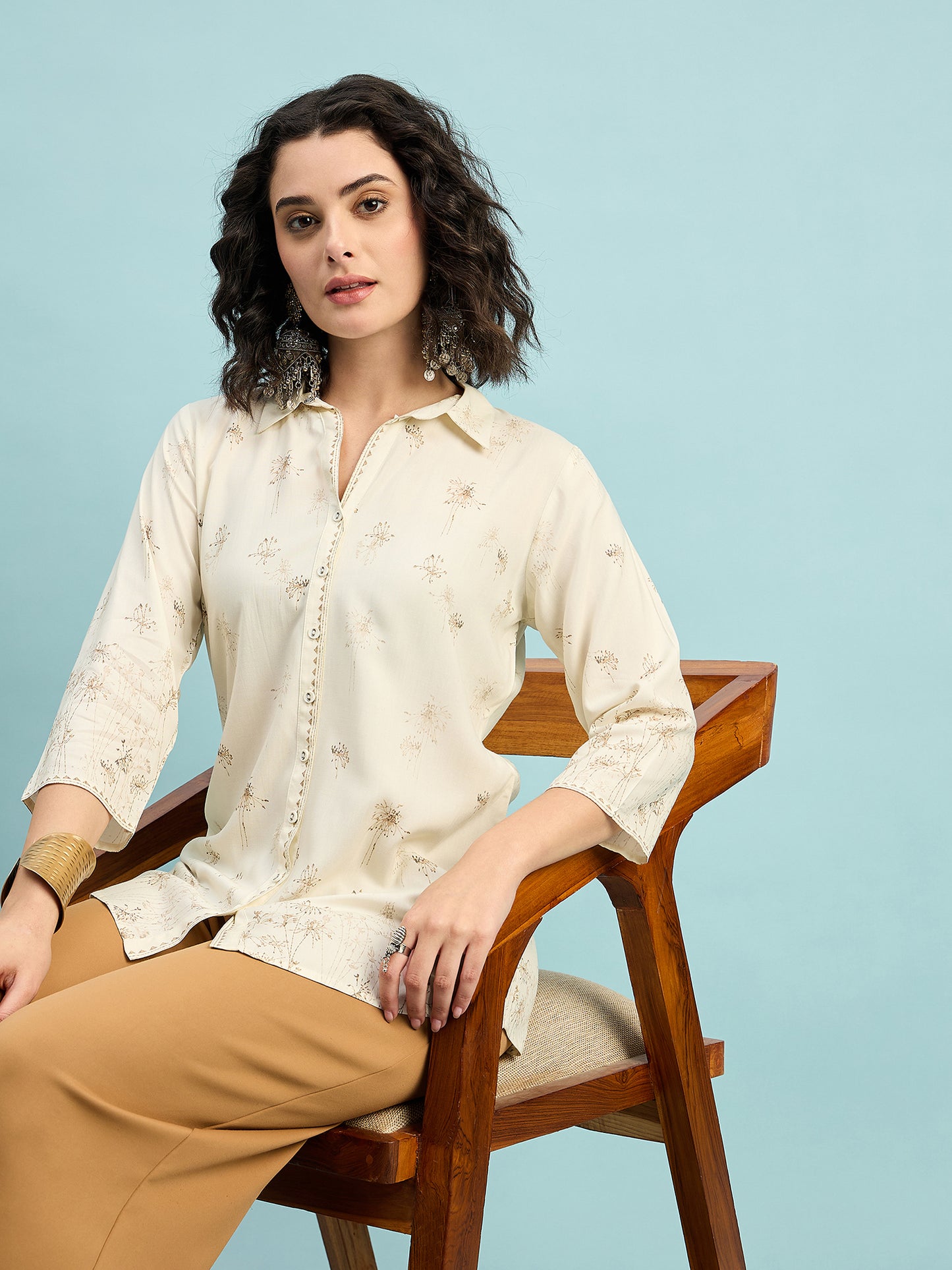 ST 1489 Botanical Breeze Printed Modal Shirt  Soft Ecru