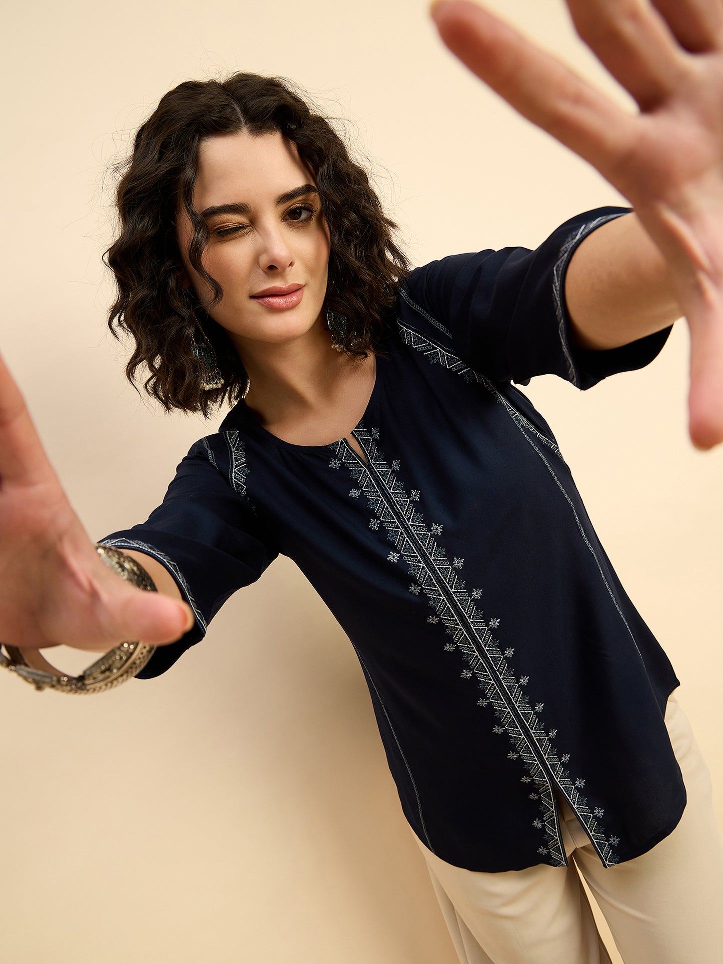 TP 1482 Geometric Thread Embroidered Modal Top  Midnight Navy