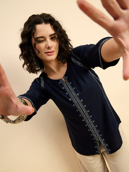 TP 1482 Geometric Thread Embroidered Modal Top  Midnight Navy