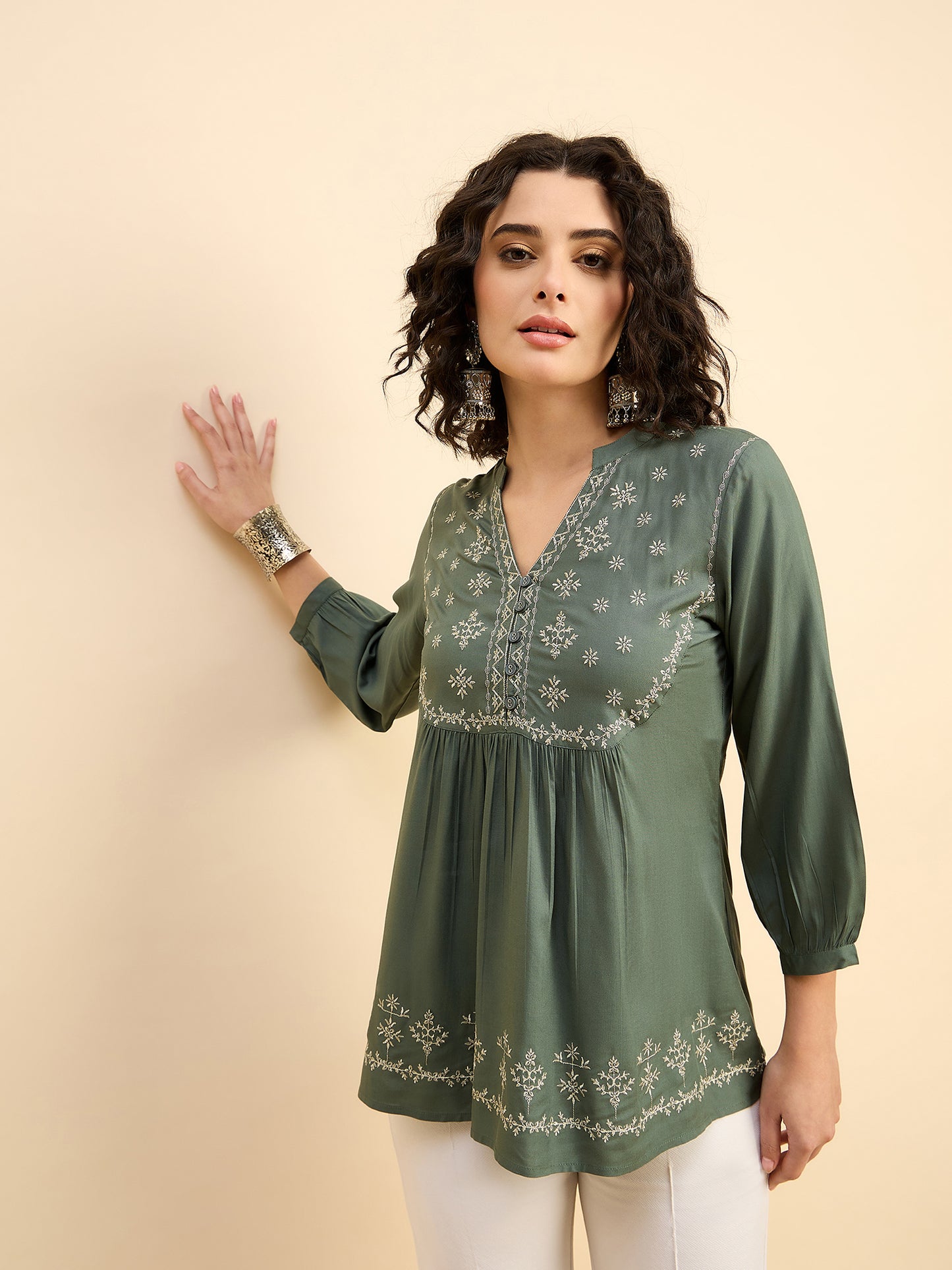 TP 1504 Floral Thread Embroidered Modal Top  Meadow Green