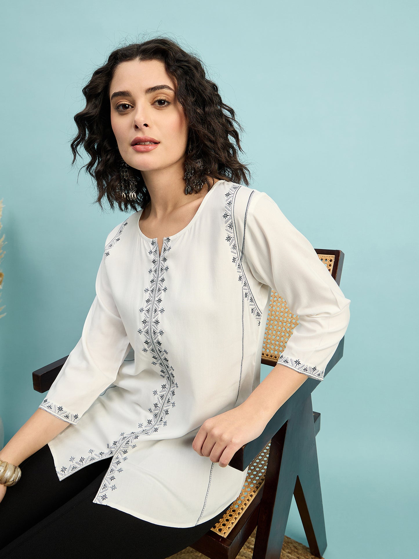 TP 1482 Geometric Thread Embroidered Modal Top  Pearl White