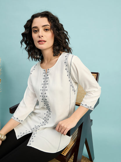 TP 1482 Geometric Thread Embroidered Modal Top  Pearl White