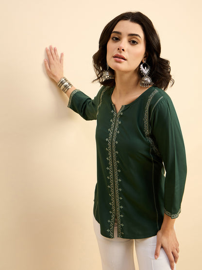 TP 1482 Geometric Thread Embroidered Modal Top  Meadow Green
