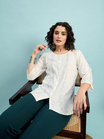 TP 1481 Vertical Thread Embroidered Modal Top  Pearl White