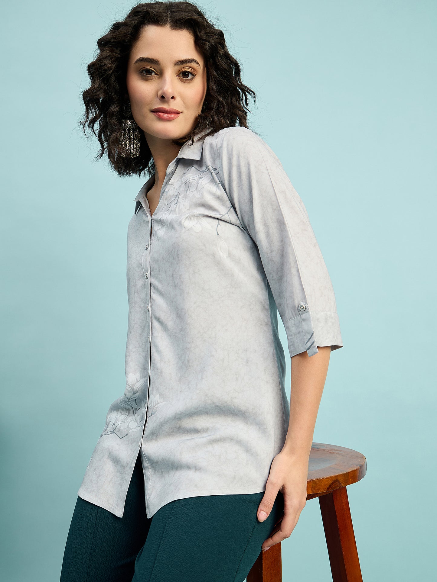 ST 1509 Floral Whisper Printed Modal Shirt  Cloud Grey