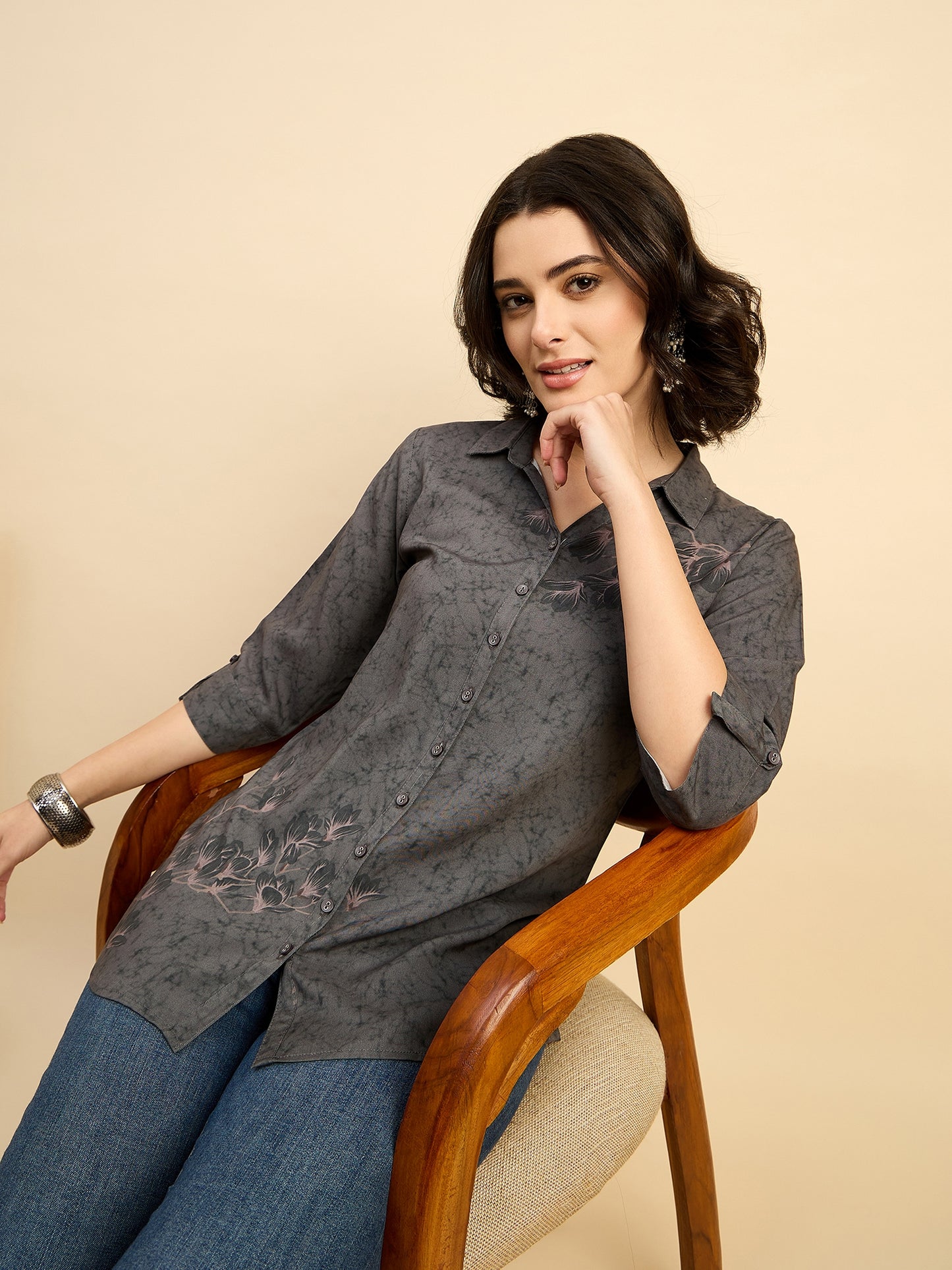 ST 1509 Floral Whisper Printed Modal Shirt  Steel Grey Glow