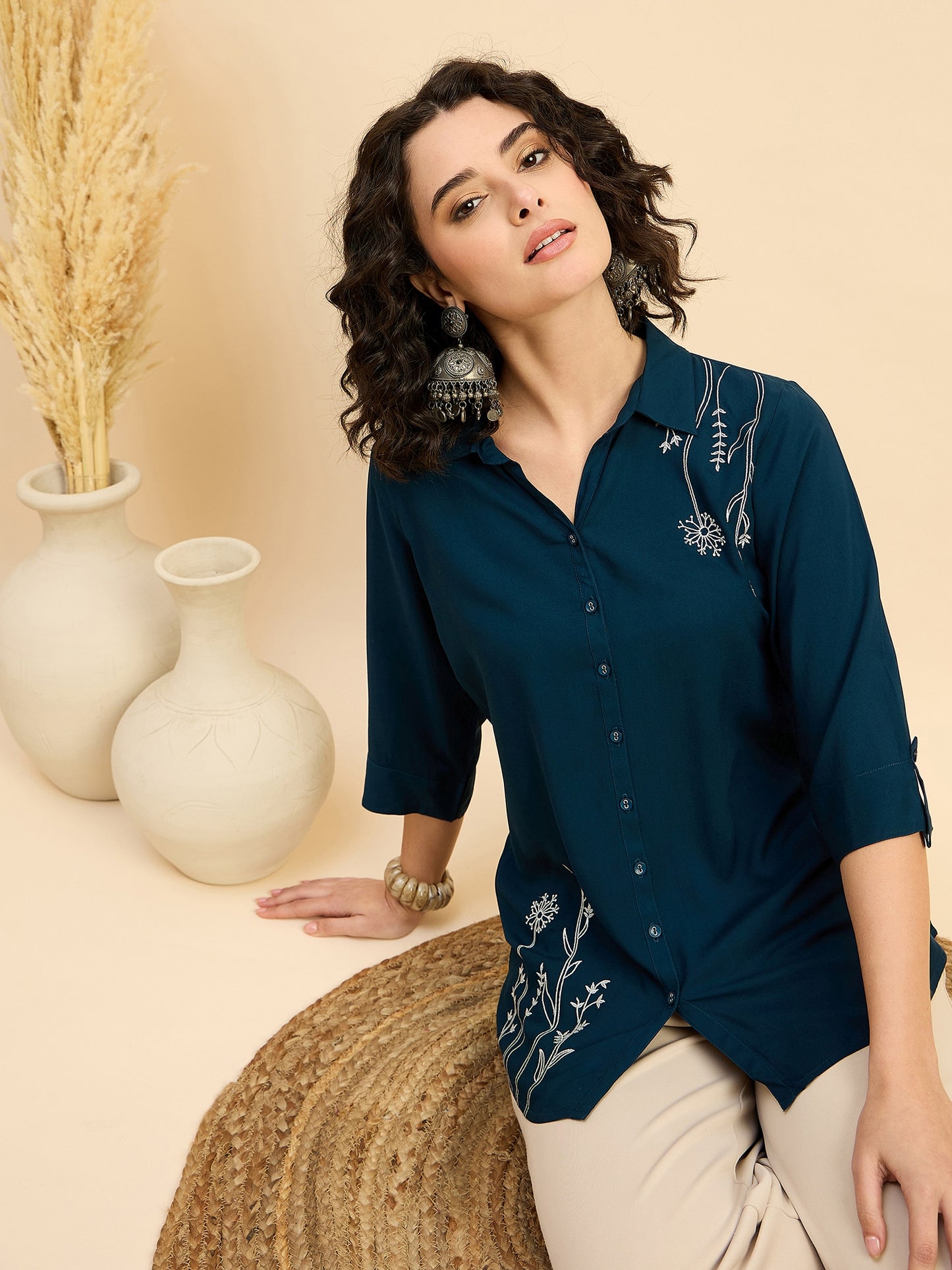 ST 1512 Botanical Thread Embroidery Modal Shirt  Ocean Teal