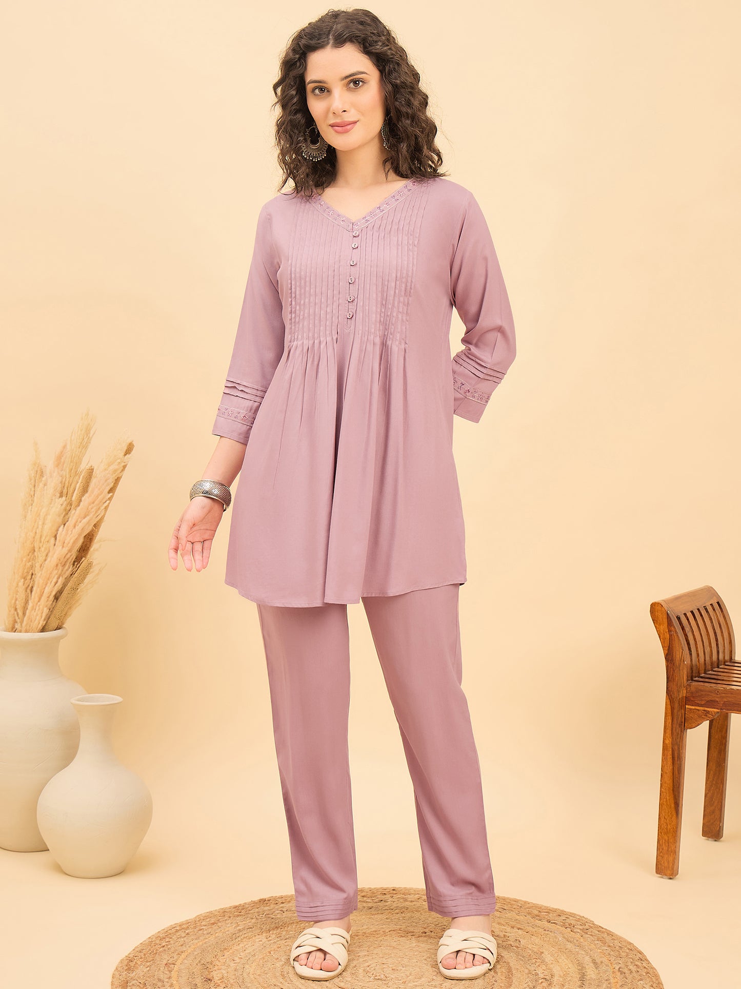 CS 1455 Embroidered Pintuck Essence Co ord Set Lavender Mist