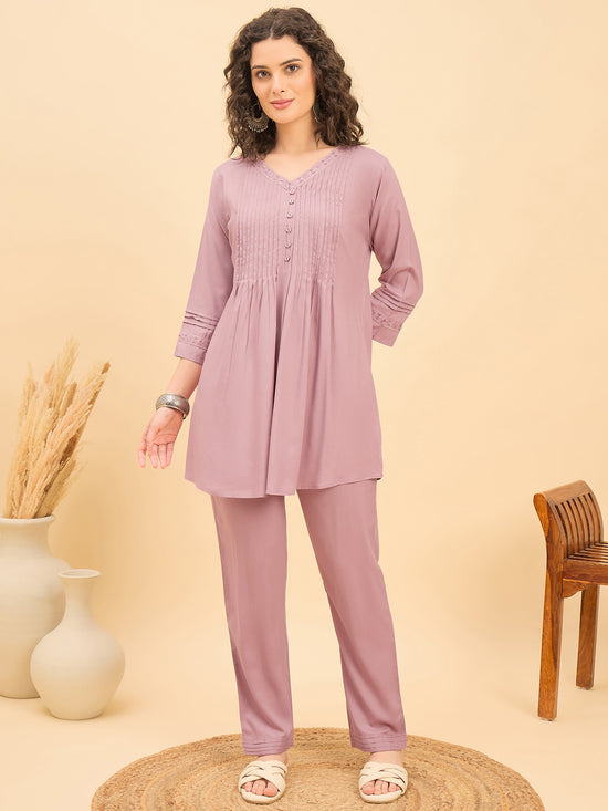 CS 1455 Embroidered Pintuck Essence Co ord Set Lavender Mist