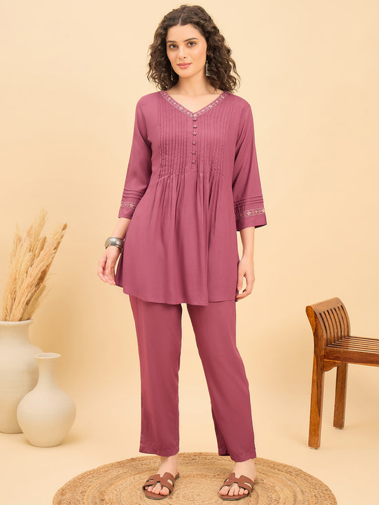 CS-1455 Embroidered Pintuck Essence Co ord Set Brick Bloom