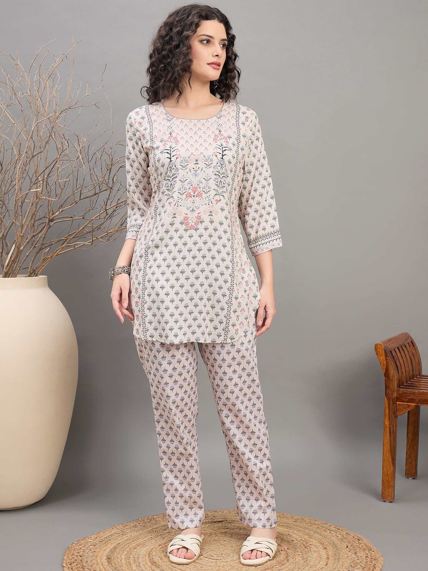 CS 1561 Block Print Inspired Floral Co ord Set with 3/4 Sleeves  Beige