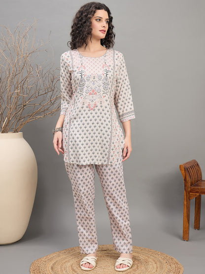 CS 1561 Block Print Inspired Floral Co ord Set with 3/4 Sleeves  Beige