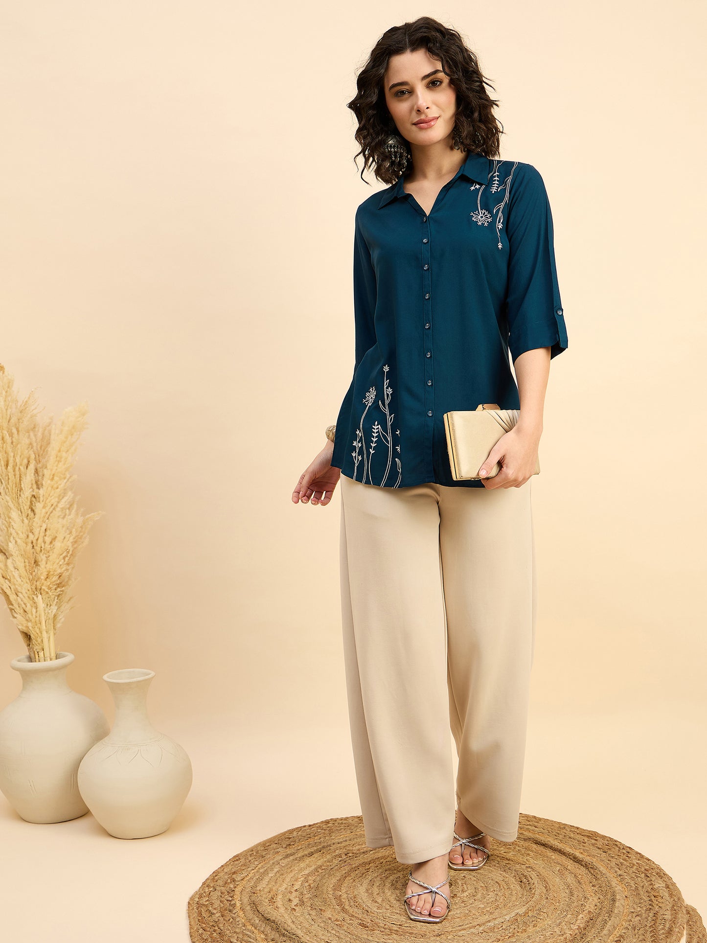 ST 1512 Botanical Thread Embroidery Modal Shirt  Ocean Teal