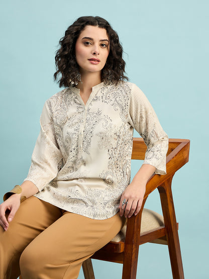 TC 1508 Vintage Paisley Printed Modal Tunic Top  Ecru