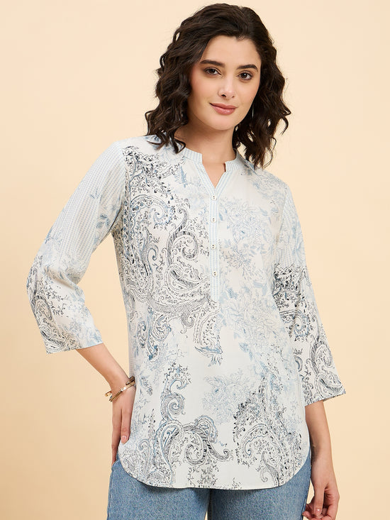 TC 1508 Vintage Paisley Printed Modal Tunic Top  Frosted Blue