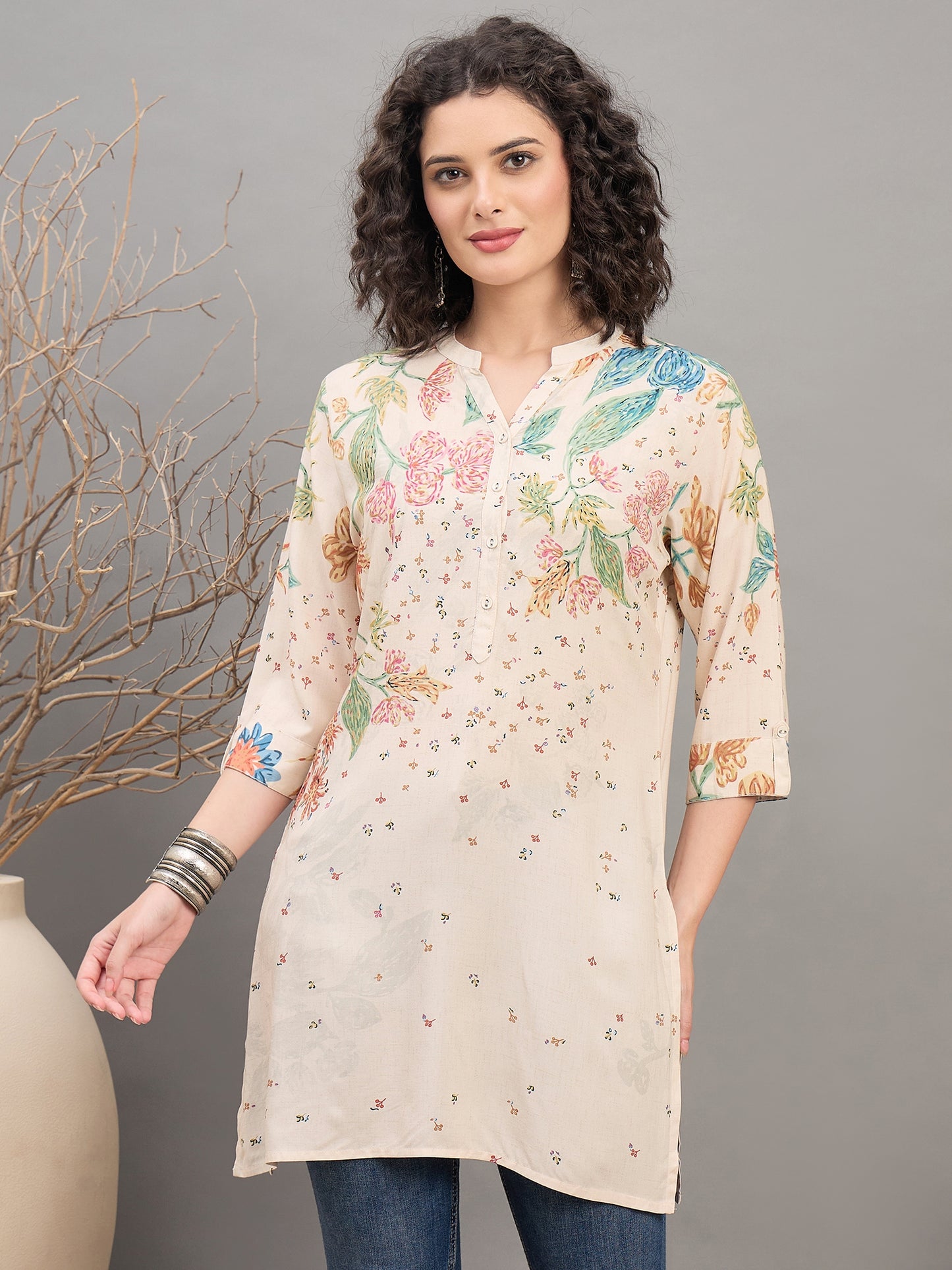 TC 1533 Printed Modal Tunic with Garden Bloom Hem Sandstone