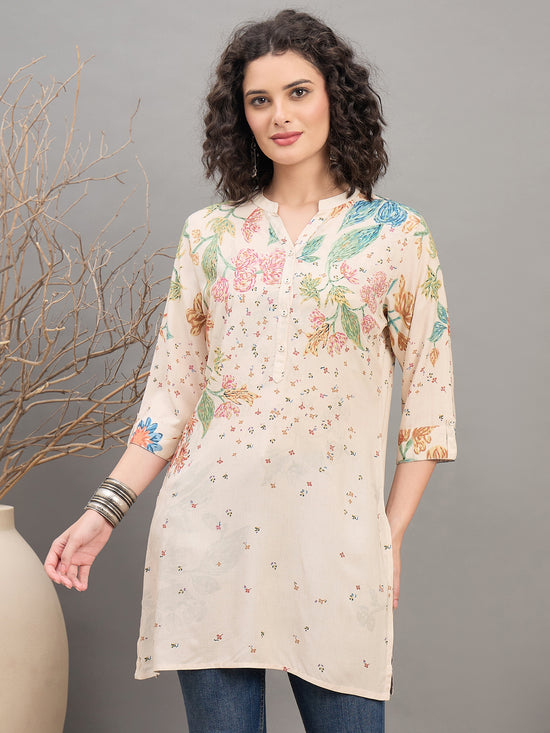 TC 1533 Printed Modal Tunic with Garden Bloom Hem Sandstone