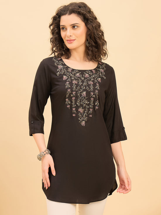 TC 1568 Modal Tunic  Noir Bloom Black with Blossom V Neck embroidery