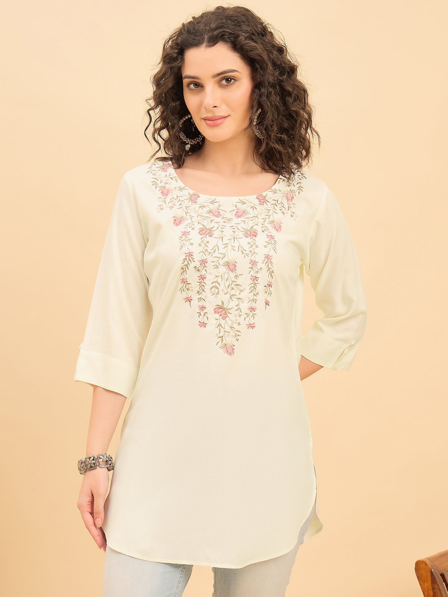TC 1568 Modal Tunic  Ecru Petal with Blossom V Neck embroidery