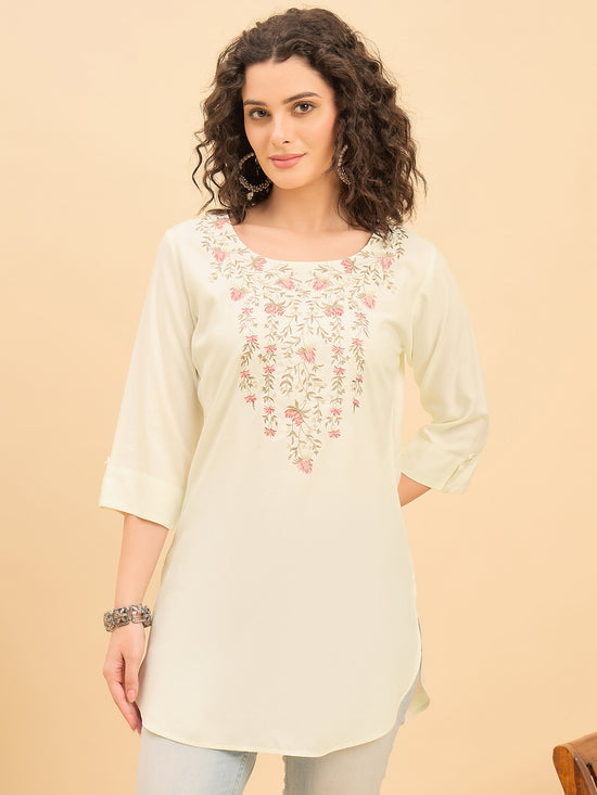 TC 1568 Modal Tunic  Ecru Petal with Blossom V Neck embroidery
