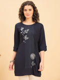 TC 1569 Modal Tunic  Ocean Night with Linear Leaf embroidery
